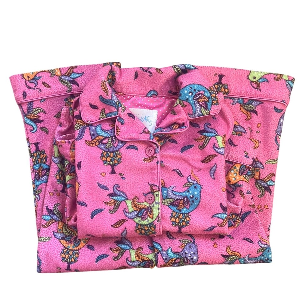 Nick & Nora Vintage Y2K Girls Colorful Hummingbird Print Flannel Pajama Set 3T